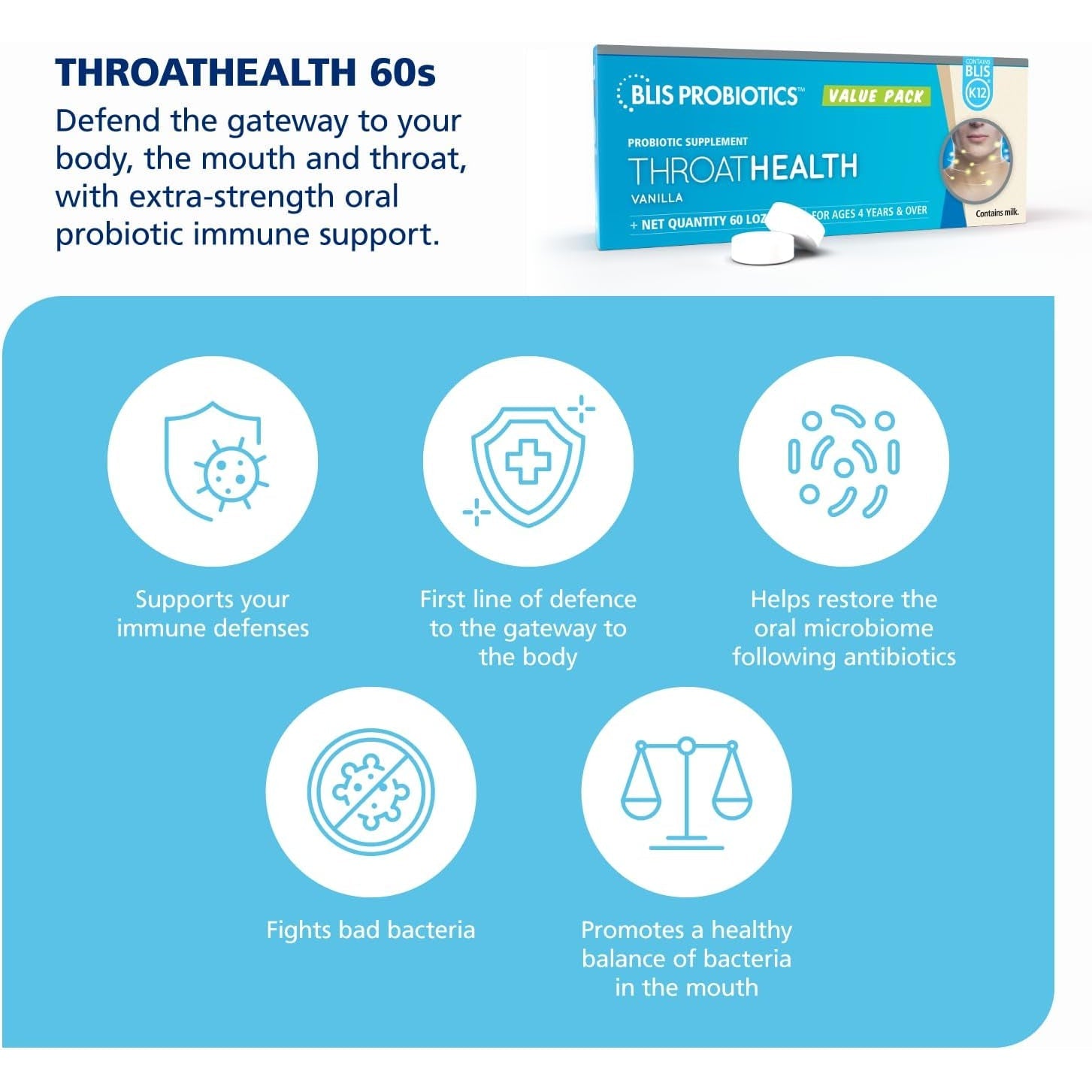 BLIS Throathealth Oral Probiotics K12 - Immune & Throat Support, Vanilla - 60 Lozenges, 2.5 Billion CFU