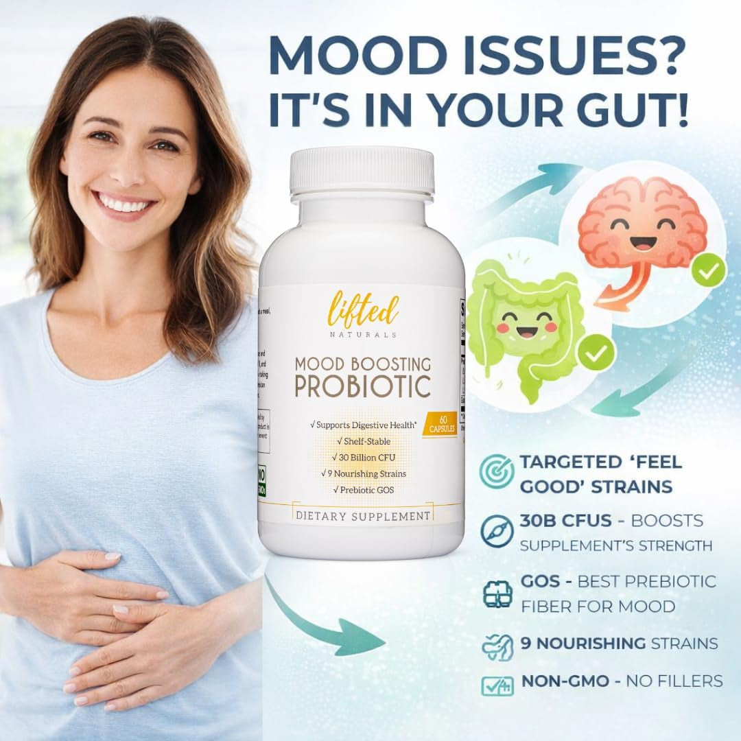 Lifted Naturals Mood Boosting Probiotic 30 Billion CFU - Mood Support Supplement, Prebiotics and Probiotics for Women & Men, Acidophilus Lactobacillus Probiotic, Shelf Stable & Non-Gmo, 60 Capsules