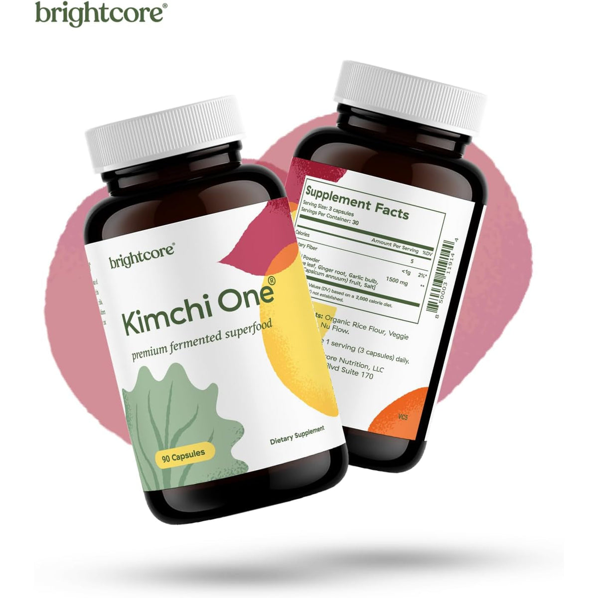 Brightcore Nutrition - Kimchi One, Kimchi Powder Capsules, Probiotics, Enzymes, & Antioxidant Supplement, Premium Gut Health Superfood for Overall Well Being, Gluten-Free, 90 Vegan Capsules