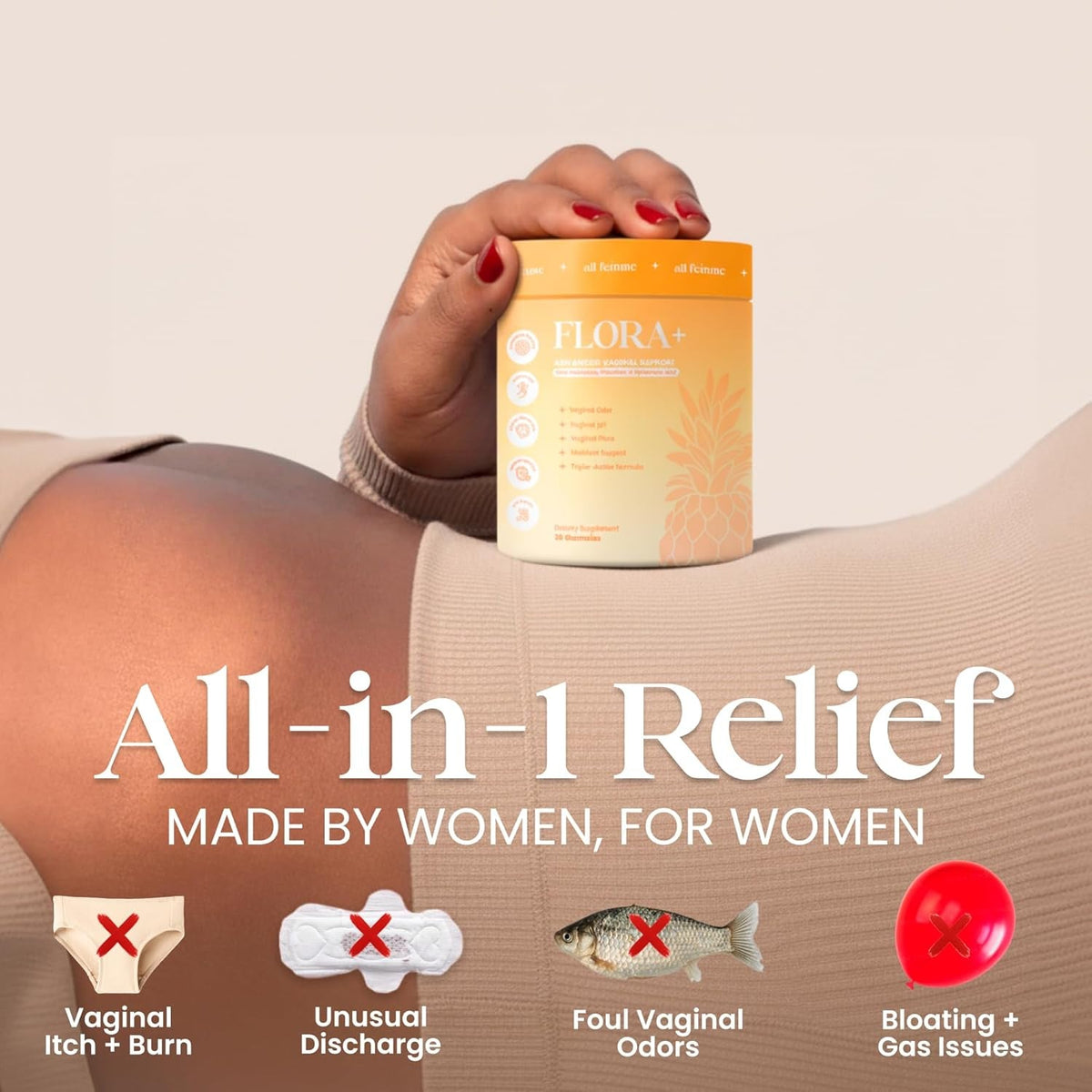 Flora+ Women’S Vaginal Probiotic Gummies for Ph Balance, Odor and Freshness Support with Prebiotics & Hyaluronic Acid, Sugar Free Pineapple, Vegan Non-Gmo | 30 Gummies