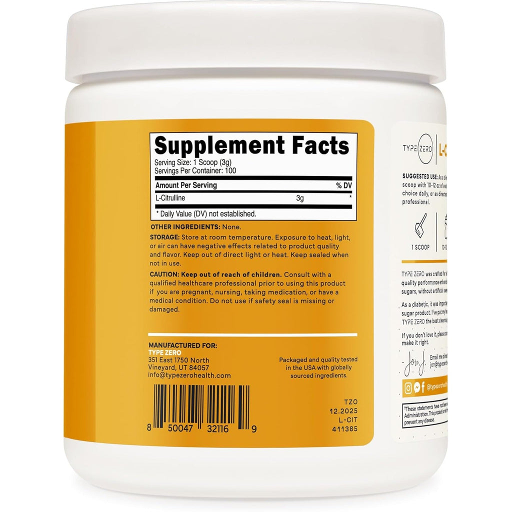 Type Zero L-Citrulline Base Powder, 3,000Mg per Serving - 100 Servings