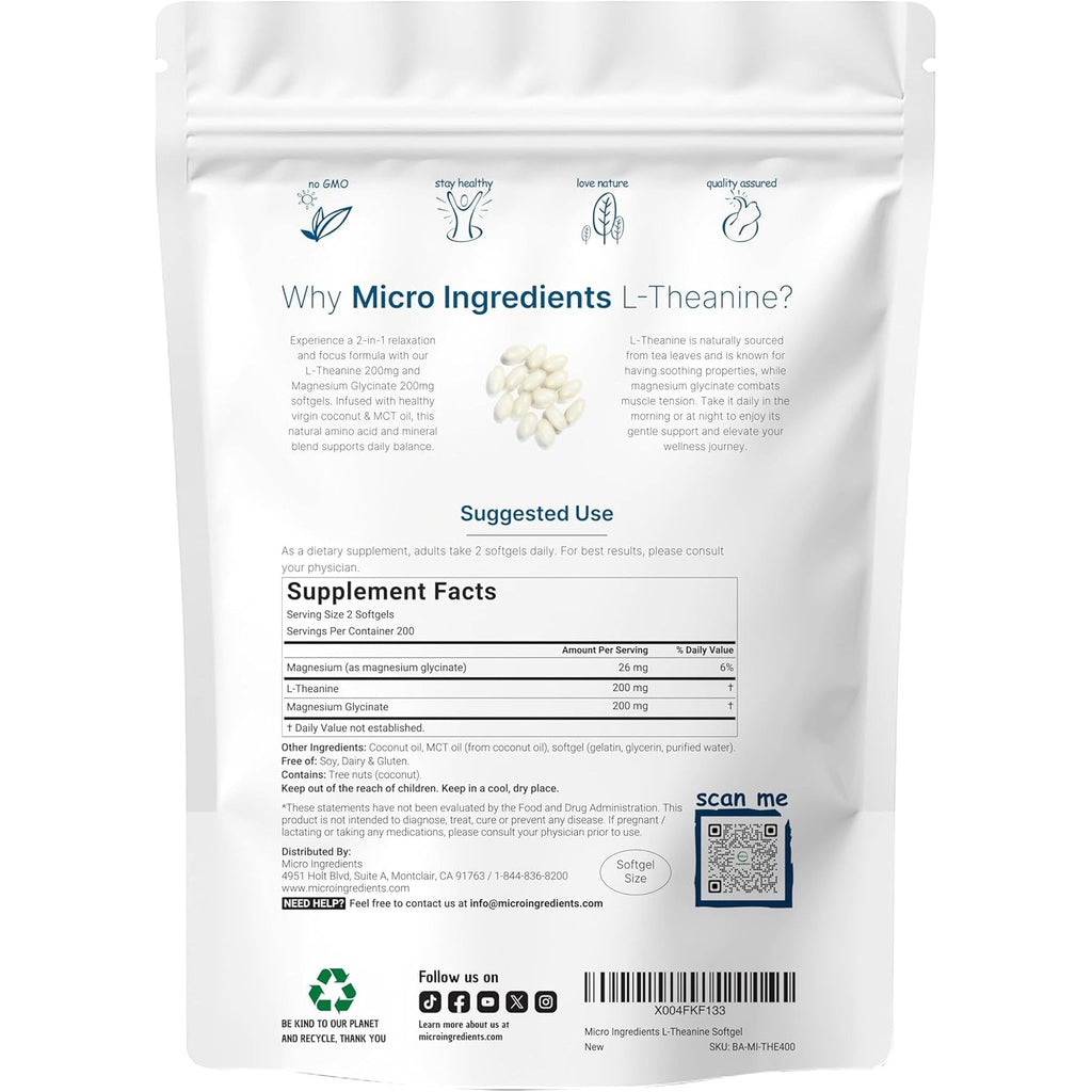 L-Theanine 200Mg with Magnesium Glycinate, 400 Coconut MCT Oil Softgels | 2-In-1 Amino Acid & Mineral Complex | Gentle Care All Day & Night