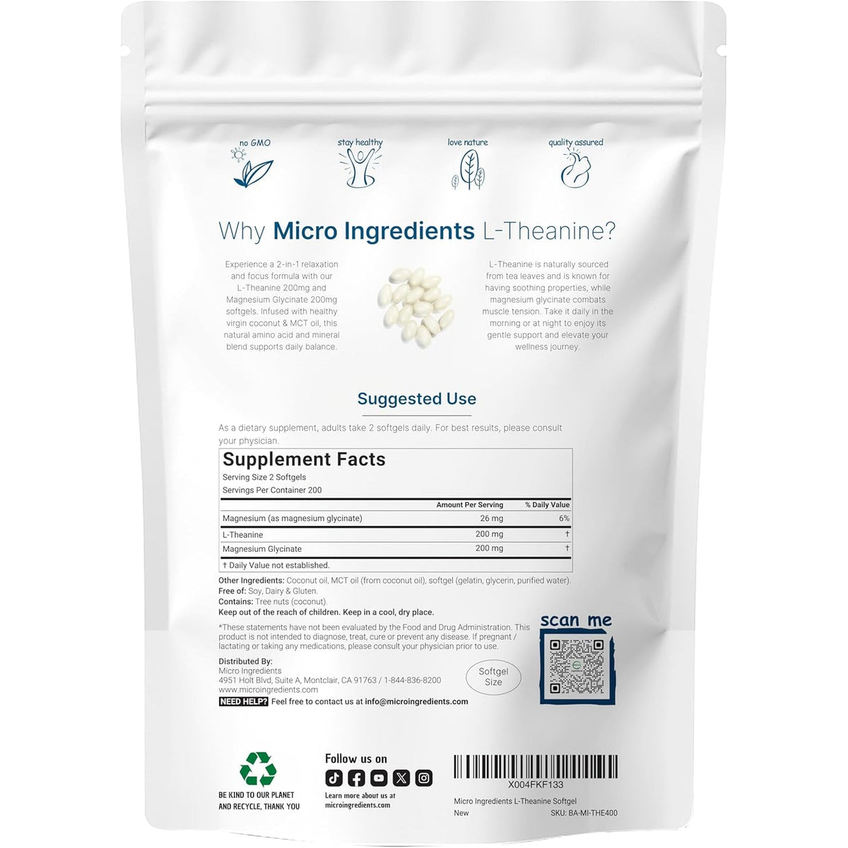 L-Theanine 200Mg with Magnesium Glycinate, 400 Coconut MCT Oil Softgels | 2-In-1 Amino Acid & Mineral Complex | Gentle Care All Day & Night