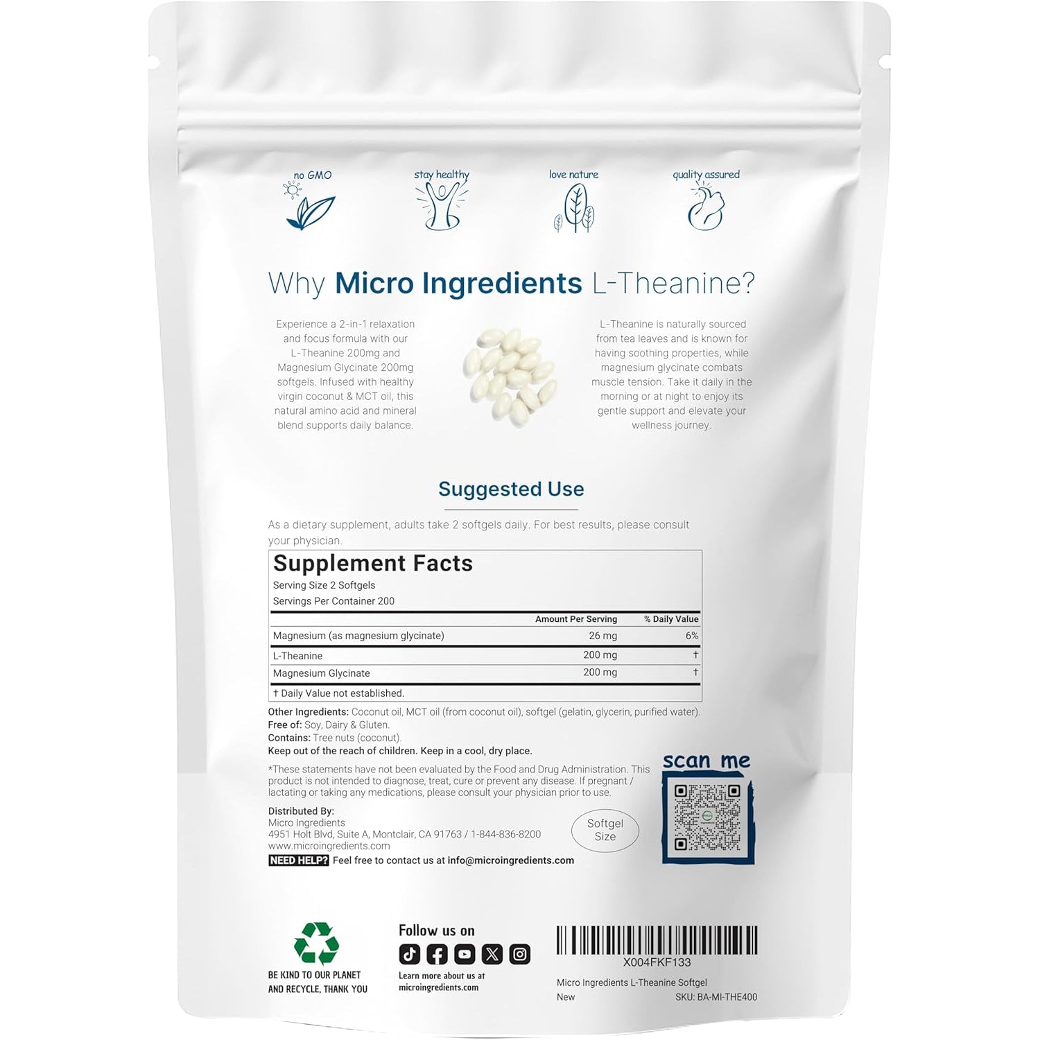 L-Theanine 200Mg with Magnesium Glycinate, 400 Coconut MCT Oil Softgels | 2-In-1 Amino Acid & Mineral Complex | Gentle Care All Day & Night