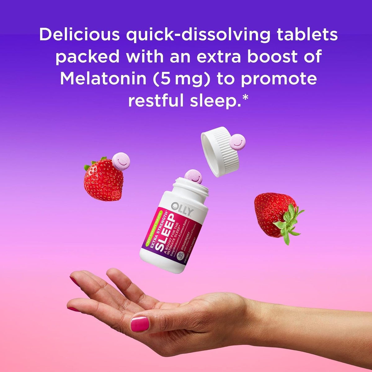 OLLY Extra Strength Sleep Fast Dissolve Tablets, 5Mg Melatonin, Vegan, Strawberry - 30Ct