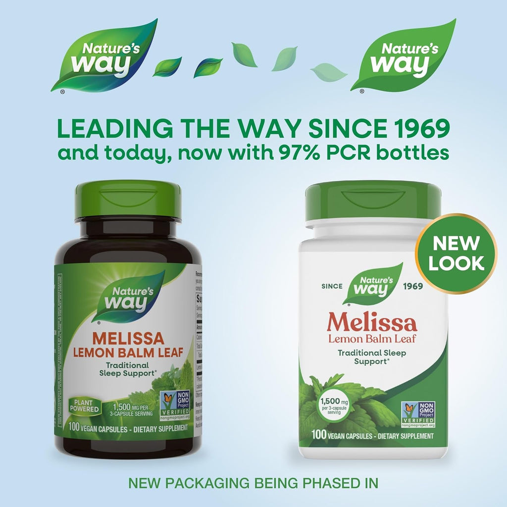 Nature'S Way Melissa Lemon Balm Leaf, Traditional Sleep Support*, Melatonin Free, 1500 Mg per 3-Capsule Serving, Non-Gmo Project Verified, 100 Vegan Capsules (Packaging May Vary)