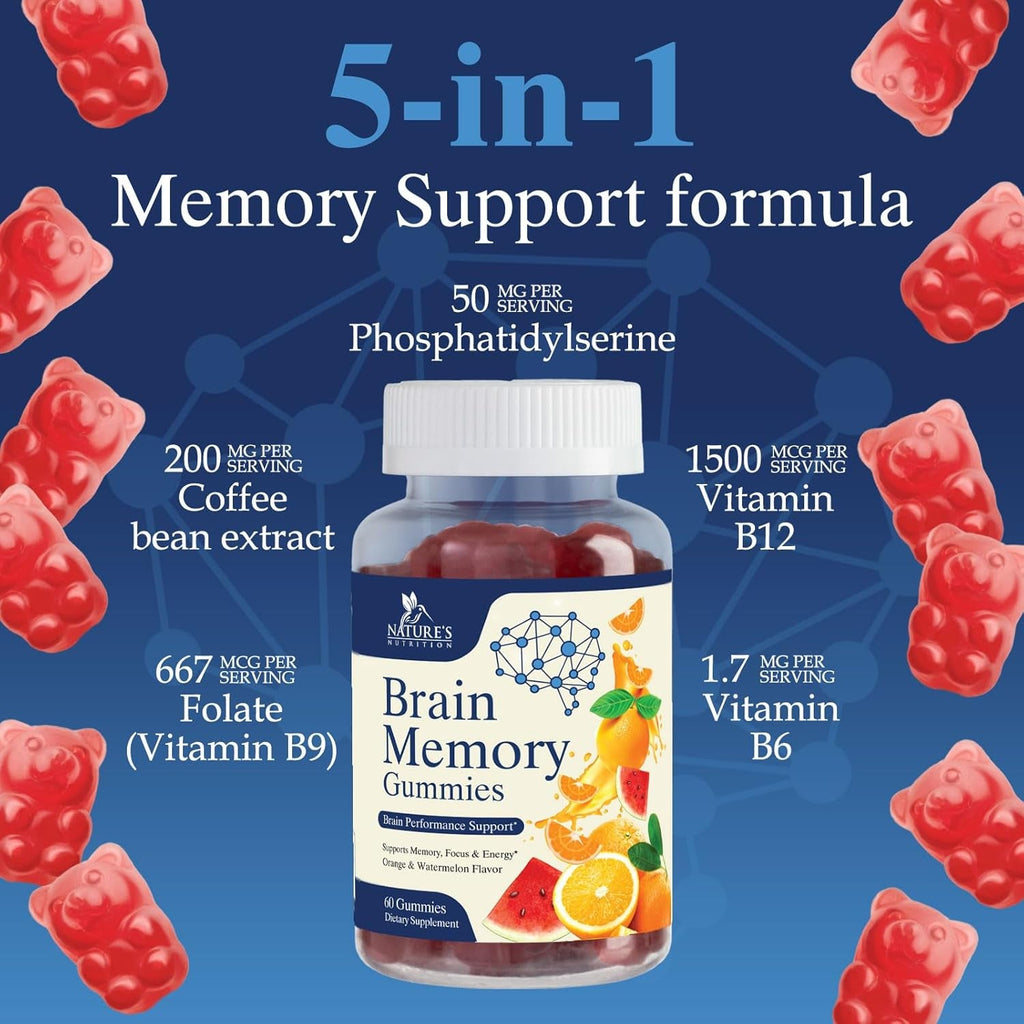 Brain Supplements Gummies - 3X Strength Brain Gummy Vitamin plus Nootropics for Memory, Focus, Concentration - Phosphatidylserine, B6, B12 & Nootropic, Clarity Support Supplement - 60 Gummies