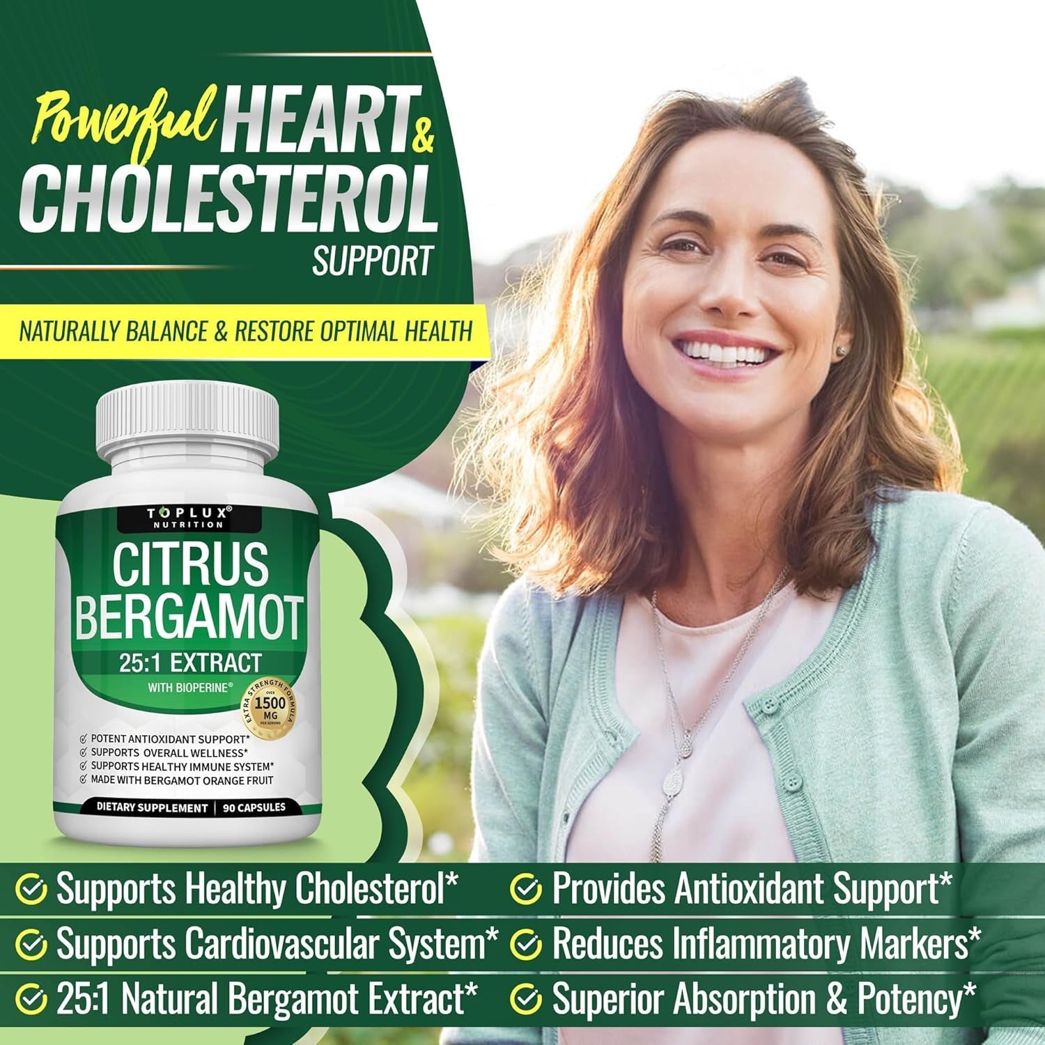 Citrus Bergamot Supplement 1500Mg - 25:1 Bergamot Extract to Support Overall Health, Immune System, Potent Antioxidant High Absorption Natural Vegan Non-Gmo for Men Women, 90 Capsules