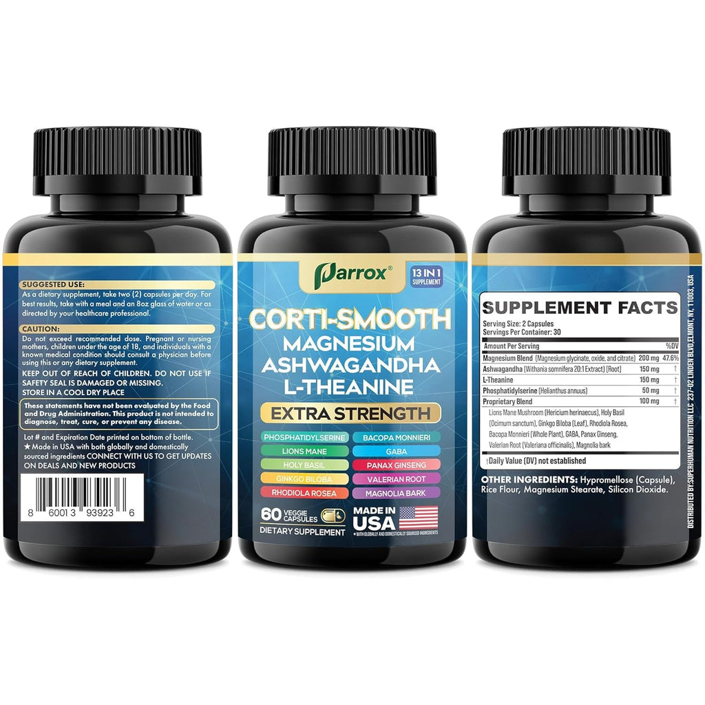 Corti-Smooth Cortisol Supplement Magnesium, L-Theanine, Ashwagandha, Phosphatidylserine, Valerian Root, Lions Mane, Bacopa Monnieri, Ginkgo Biloba, Panax Ginseng, Magnolia Bark, GABA (60 Caps)