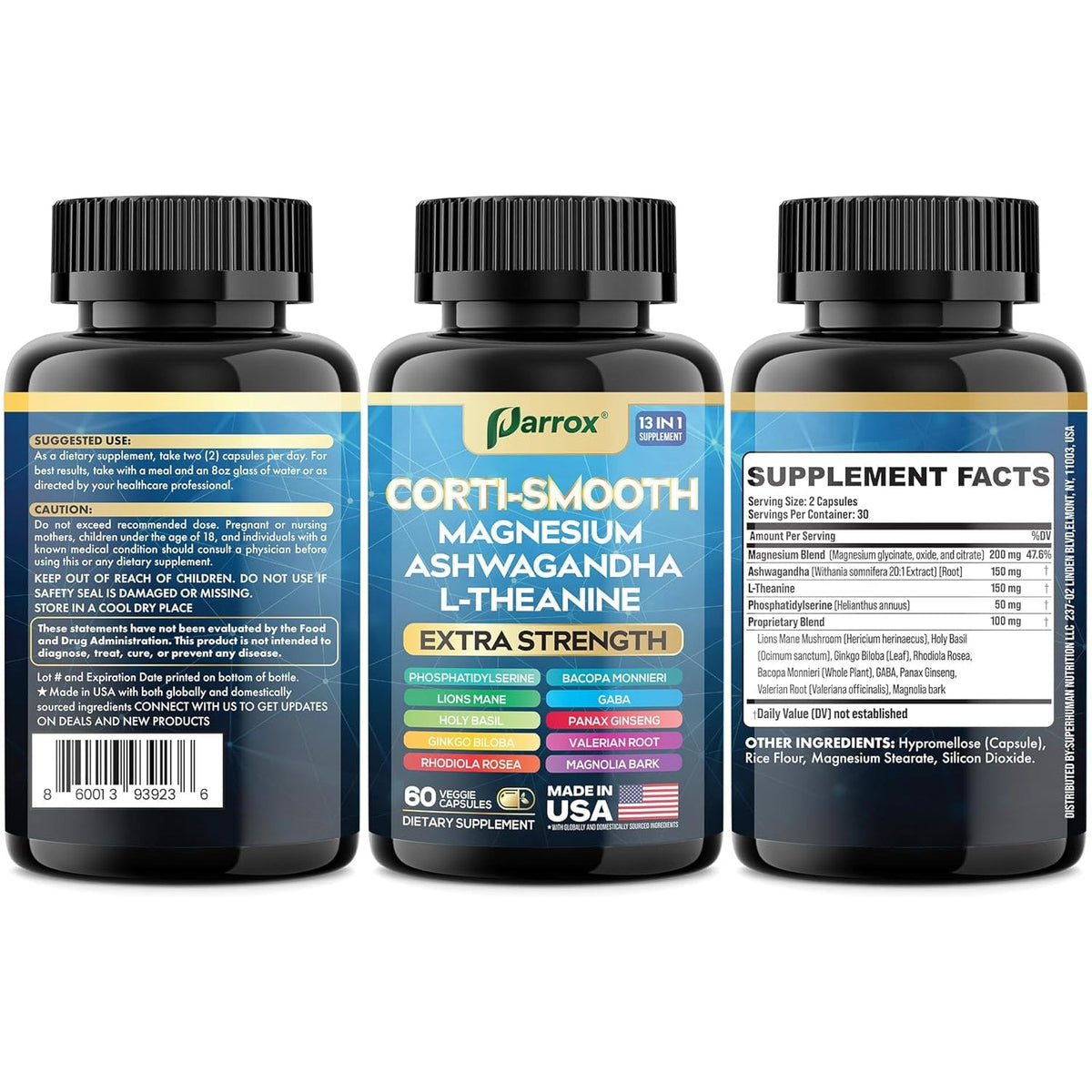 Corti-Smooth Cortisol Supplement Magnesium, L-Theanine, Ashwagandha, Phosphatidylserine, Valerian Root, Lions Mane, Bacopa Monnieri, Ginkgo Biloba, Panax Ginseng, Magnolia Bark, GABA (60 Caps)