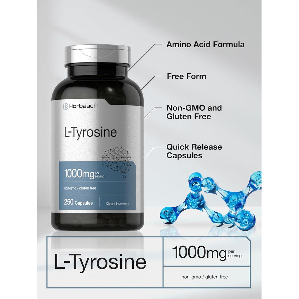 Horbäach L-Tyrosine 1000Mg | 250 Capsules | Amino Acid Supplement | Non-Gmo & Gluten Free