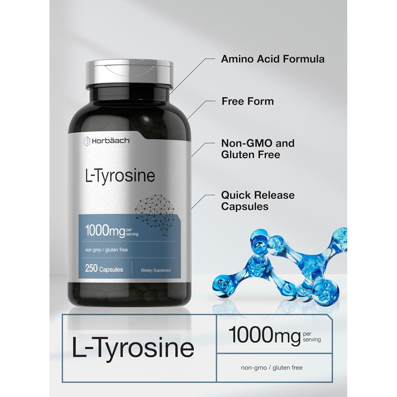 Horbäach L-Tyrosine 1000Mg | 250 Capsules | Amino Acid Supplement | Non-Gmo & Gluten Free
