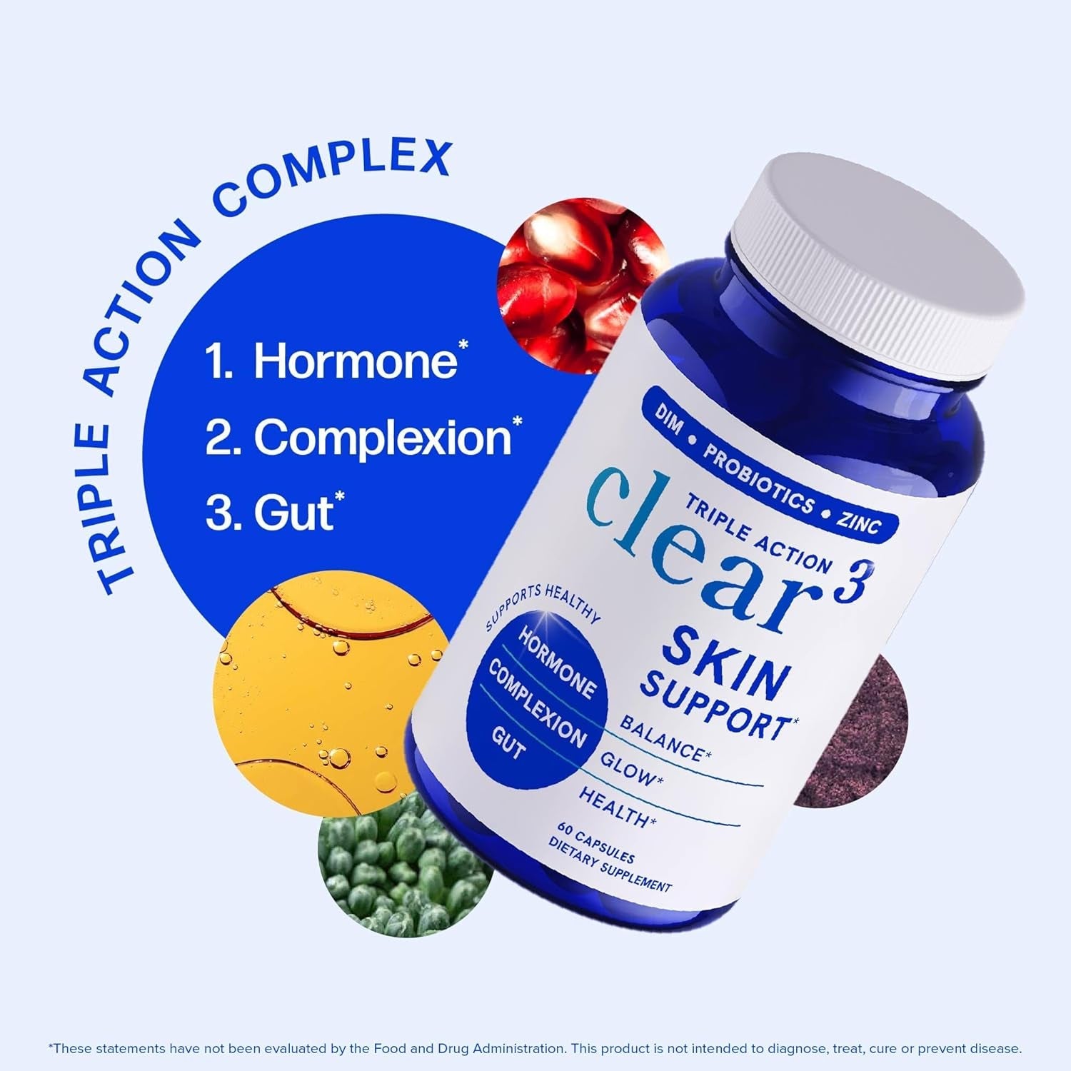 Clear Skin Supplement with Zinc, DIM & Probiotics | 3-In-1 Hormone, Gut & Complexion Support | Triple Action Hyaluronic Acid, Niaciminide & Vitamins for Skin Balance, Glow & Health Support | 60 Ct