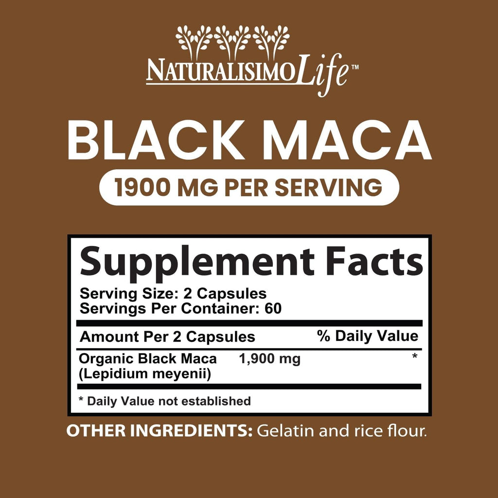 Organic Black Maca 1,900 Mg per Serving Natural Energy Booster Peruvian Maca for Men & Women 120 Capsules