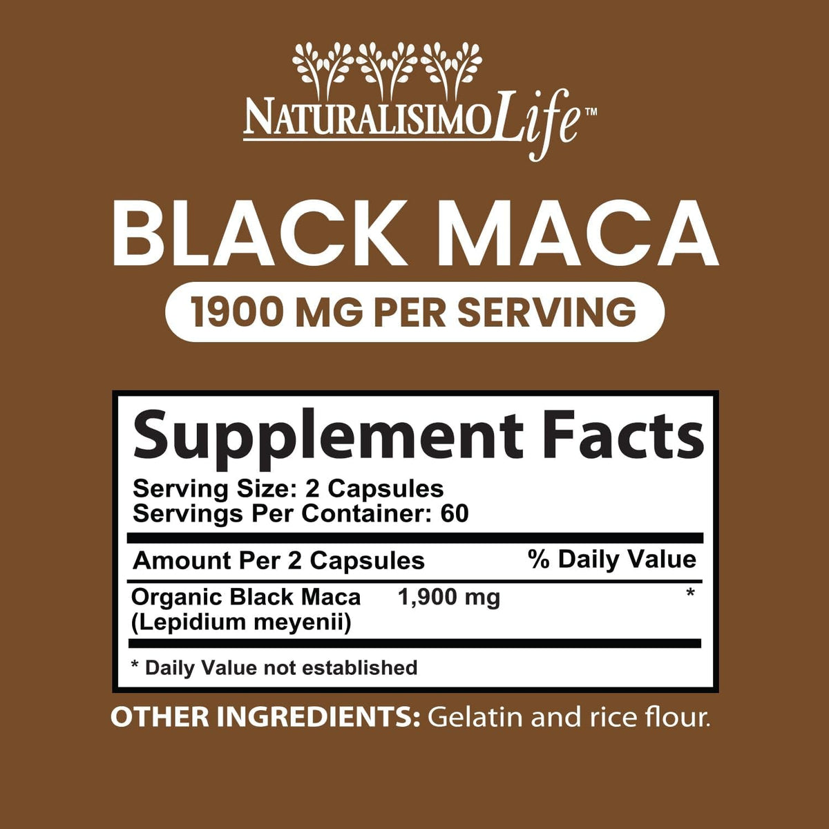 Organic Black Maca 1,900 Mg per Serving Natural Energy Booster Peruvian Maca for Men & Women 120 Capsules