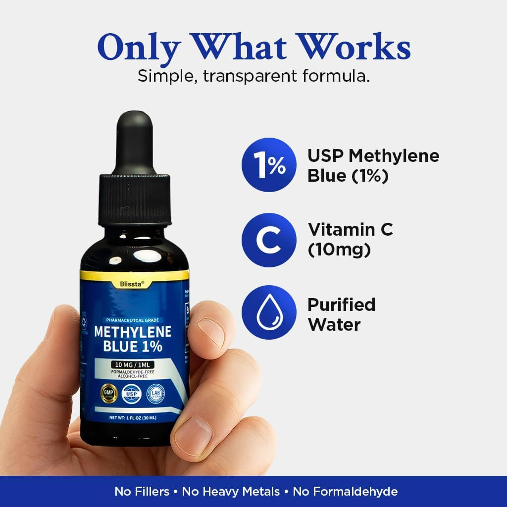 USP Pharmaceutical Grade Methylene Blue 1% Solution – Third-Party Lab Tested, Formaldehyde-Free, Heavy Metal Free –Nootropic - Cognitive Support, Brain Health, Energy & Focus Drops – 30Ml