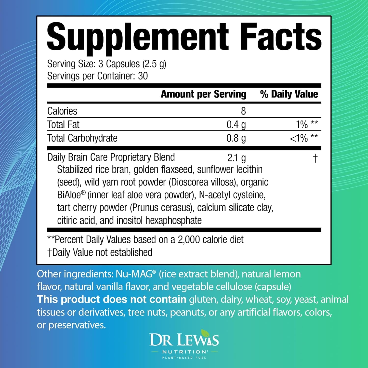 Dr Lewis Daily Brain Care Capsules - Brain Supplements for Memory and Focus with Aloe Vera - Plant-Based Nootropic and Energy Supplement for Brain Fog, Mental Clarity, and Immune Support - 90 Capsules