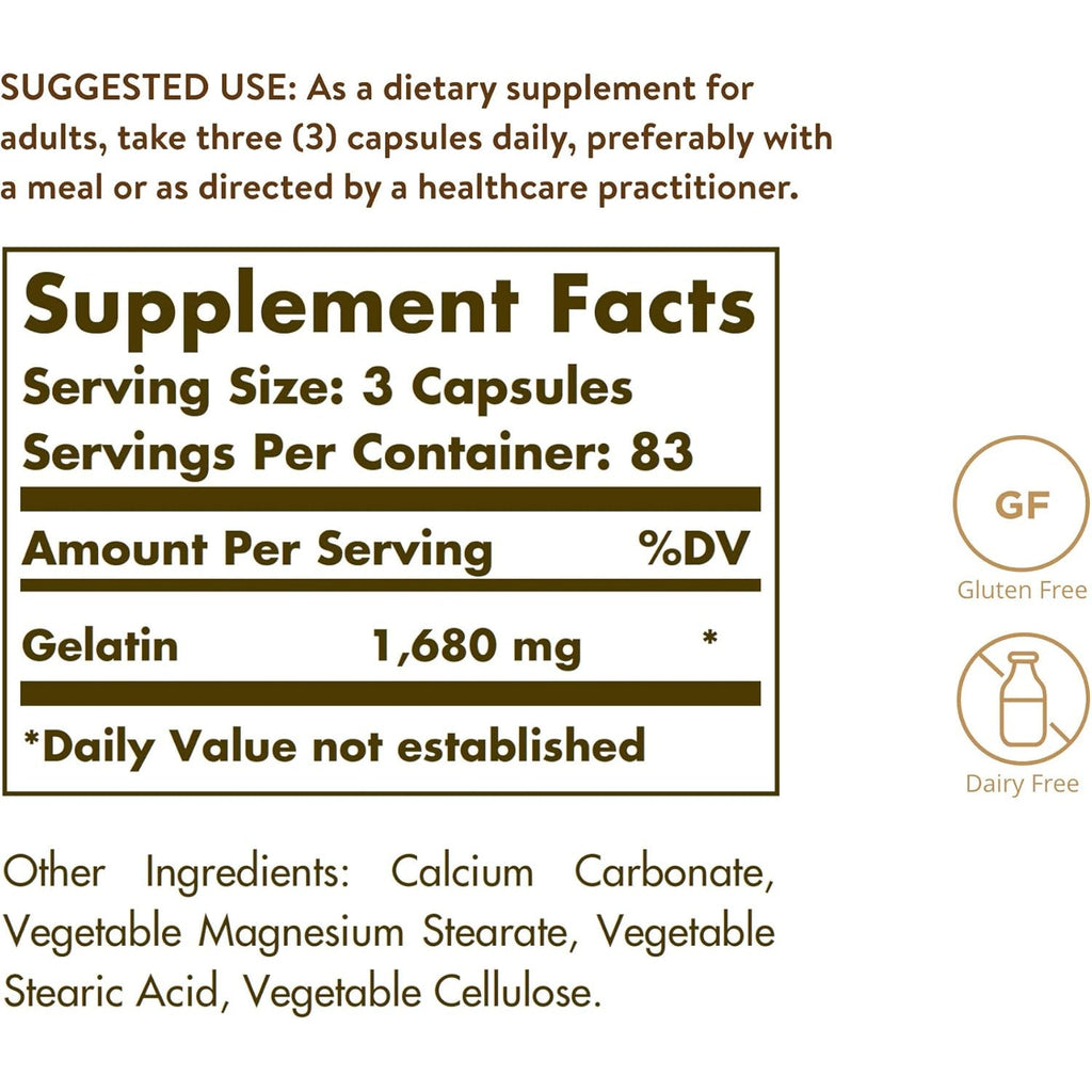 Solgar Gelatin 1680 Mg, 250 Capsules - Natural Gelatin - Supports Bone, Joint & Skin Health - Gluten Free, Dairy Free - 83 Servings