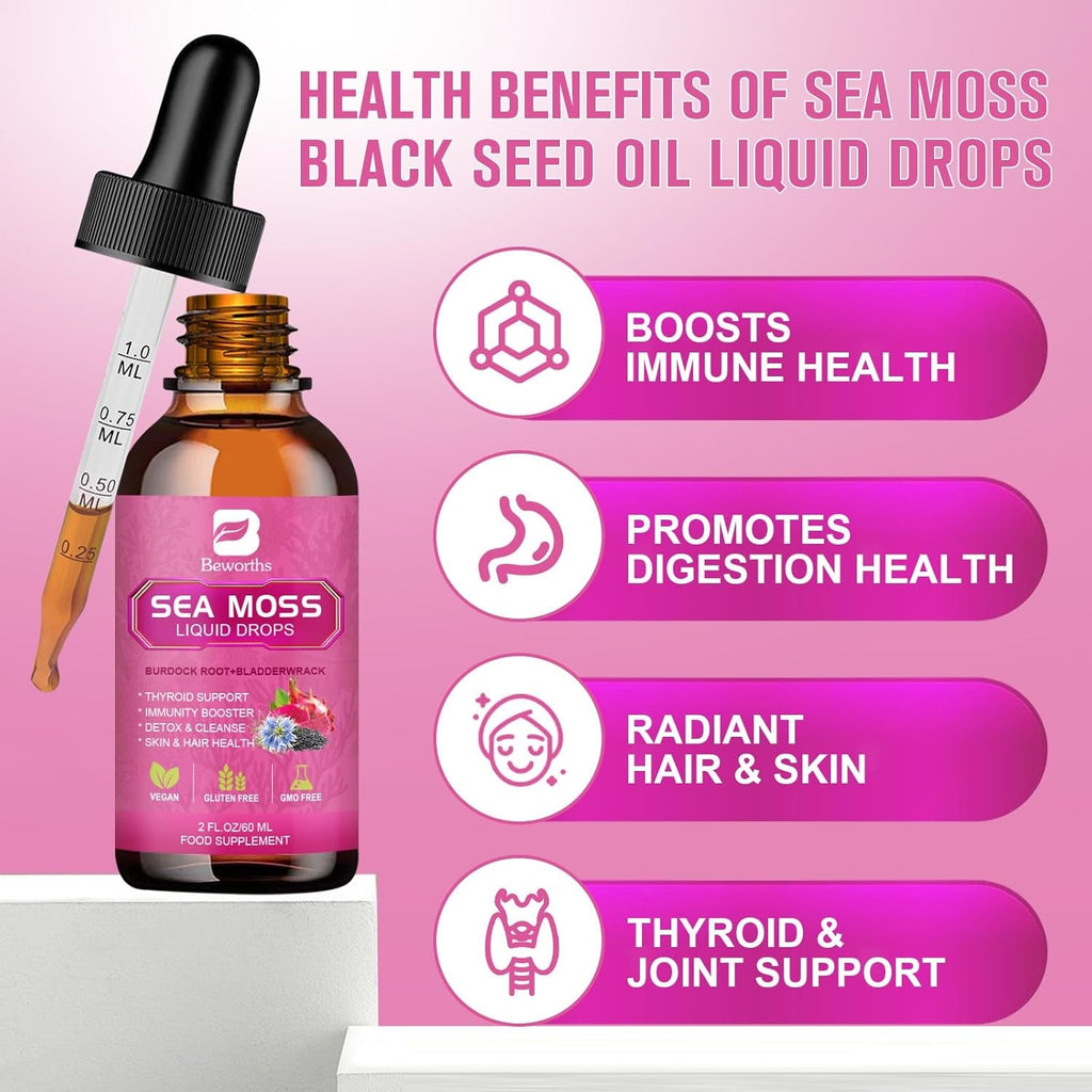 Sea Moss Liquid Drops - Organic Irish Sea Moss with Black Seed Oil, Ashwagandha, Soursop, Bladderwrack, Burdock Root, Elderberry, Turmeric | Seamoss for Immune Support, Energy, Hair & Digestion -Vegan