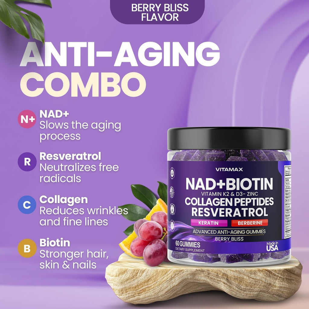 NAD+, Resveratrol, Berberine, & Biotin Anti-Aging Gummy - Hair, Skin, Nails & Joint Supplement - Collagen Peptides, Keratin, Zinc, Vitamin K2 & D3 Gummies -Regeneration- Non-Gmo - Made in USA 60 Count