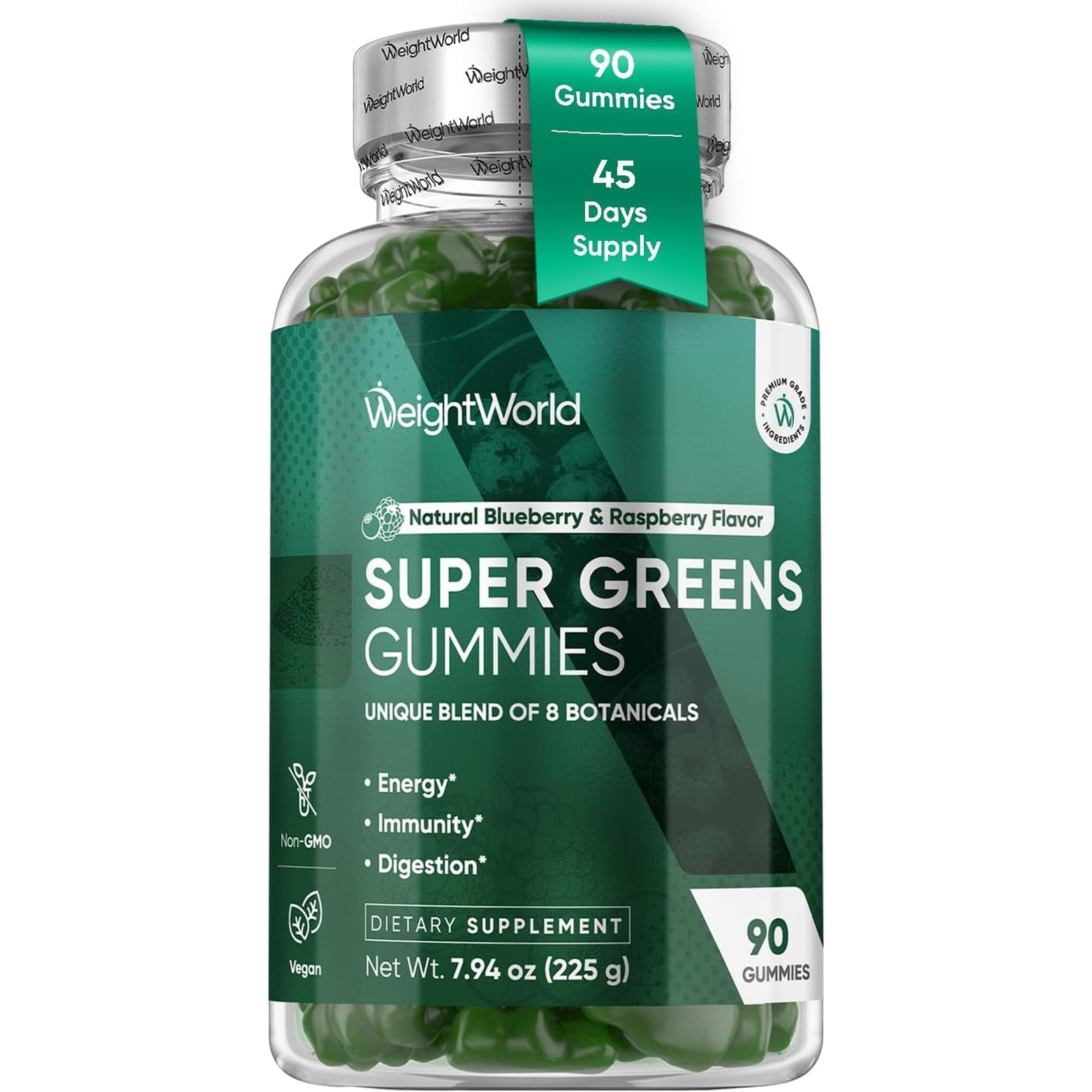 Weightworld Super Greens Gummies - Energy, Immunity, Gut & Digestive Health - 45-Day Supply - Daily Greens Supplements - Moringa, Broccoli, Spinach + Vitamins & Minerals - 90 Vegan Superfood Gummies