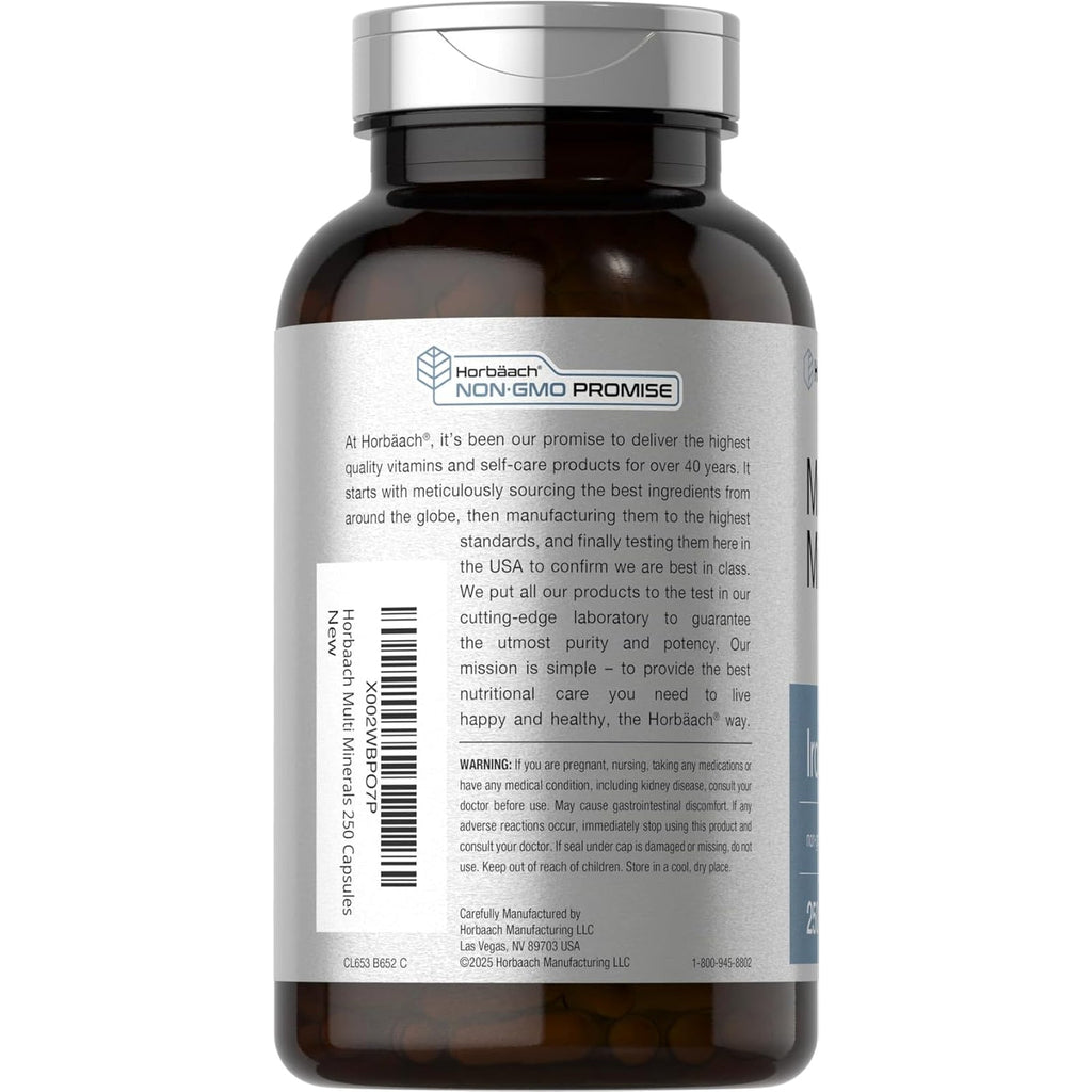 Horbäach Multi Minerals Supplement | 250 Capsules | Iron Free | Daily Mineral Complex for Men and Women | Non-Gmo & Gluten Free