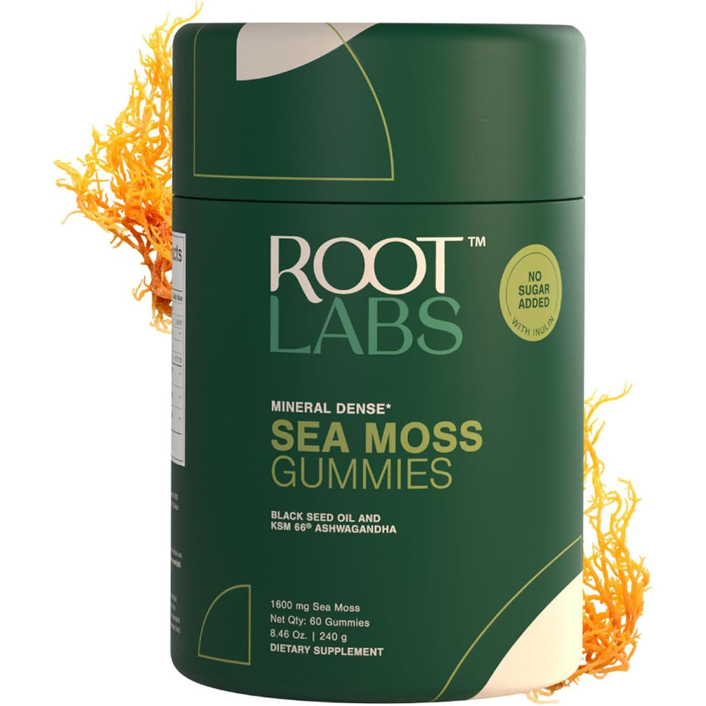 ROOT LABS Sea Moss Gummies I 92+ Minerals I Black Seed Oil I KSM 66 Ashwagandha I Lab Tested I No Added Sugar | for Men, Women I Non-Gmo I 100% Natural & Organic I 1600 Mg I 60 Gummy