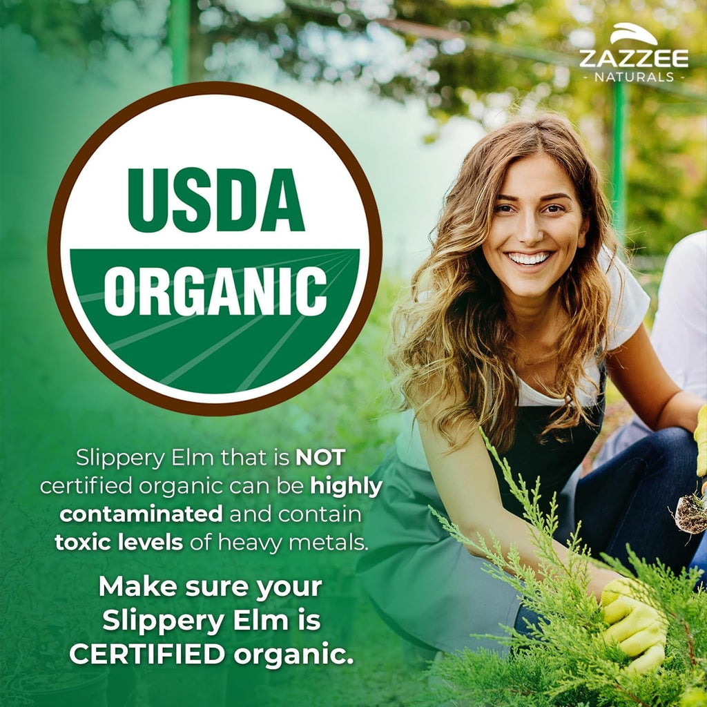 Zazzee USDA Organic Slippery Elm Bark 20:1 Extract, 120 Vegan Capsules, 4 Month Supply, Ulmus Rubra, Digestive, Throat & Mucosal Support, Herbal Supplement, All-Natural, Non-Gmo, Made in the USA