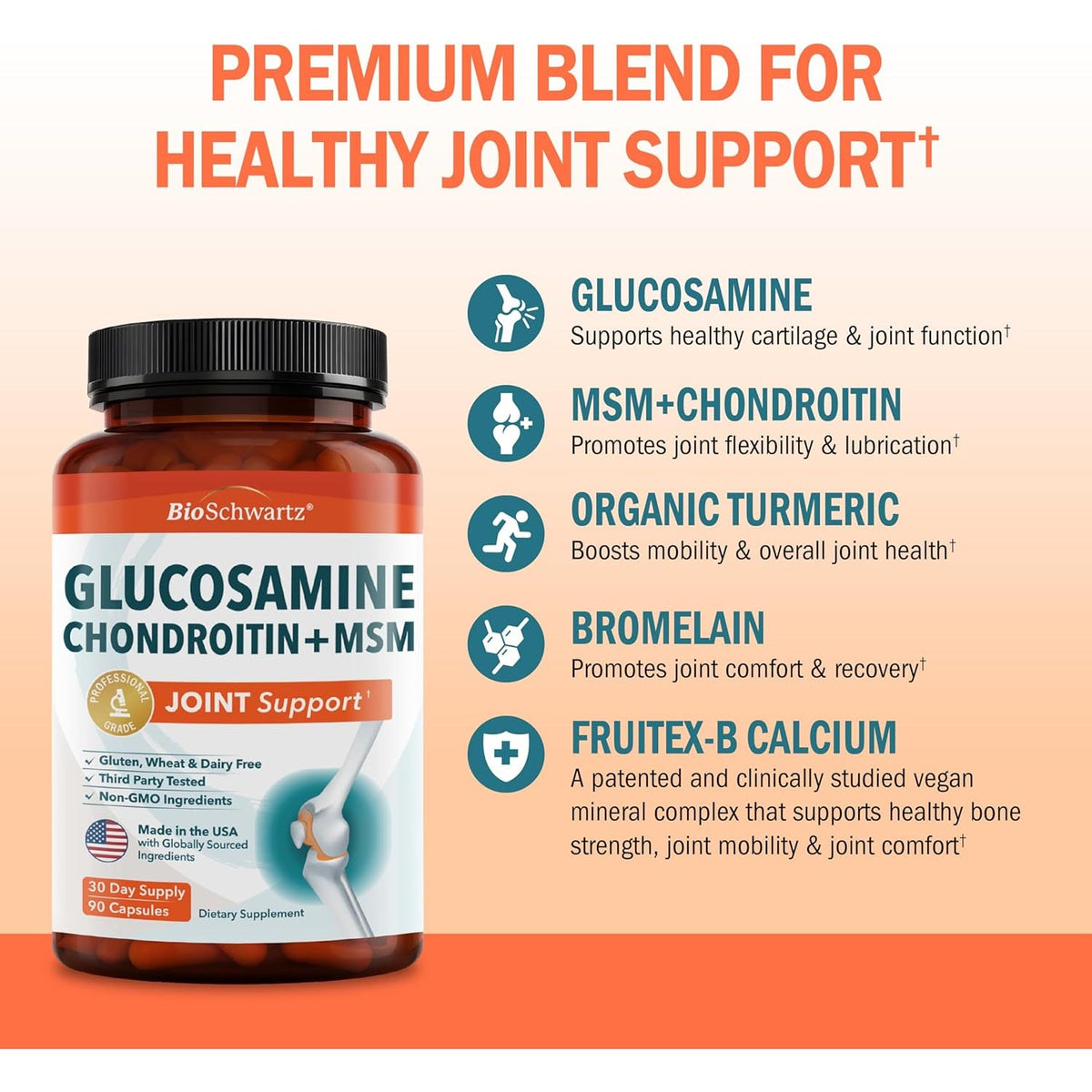 Glucosamine Chondroitin MSM Joint Support Supplement - Collagen Peptides, Turmeric and Ginger, Hyaluronic Acid, Glucosamine Chondroitin Sulfate for Joint Comfort - Gluten Free, Non GMO, 90 Capsules