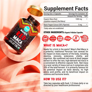 Maju Superfoods Organic Red Maca Root Capsules 120Ct - Women Focused Curve Enhancement Nutrition Booster Pills, Gain for Thighs, Powder in Pill Supplement