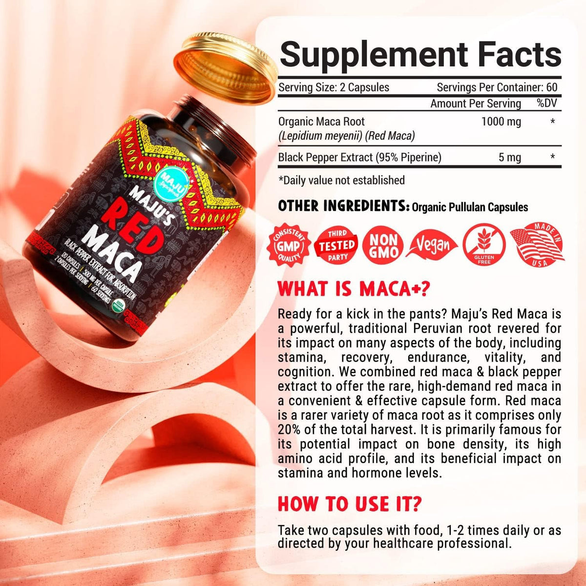 Maju Superfoods Organic Red Maca Root Capsules 120Ct - Women Focused Curve Enhancement Nutrition Booster Pills, Gain for Thighs, Powder in Pill Supplement