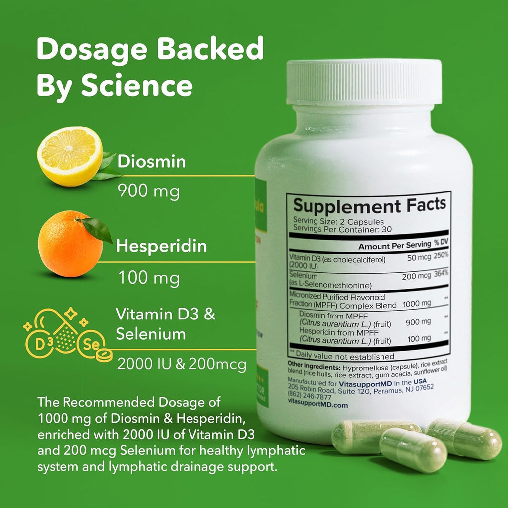 Lymphatic Formula, Diosmin Hesperidin 1000Mg Lymphatic Drainage Supplement, Lymph System Support & Detox, Micronized MPFF Complex Blend with Vitamin D3 & Selenium for Immune Health, 60 Capsules