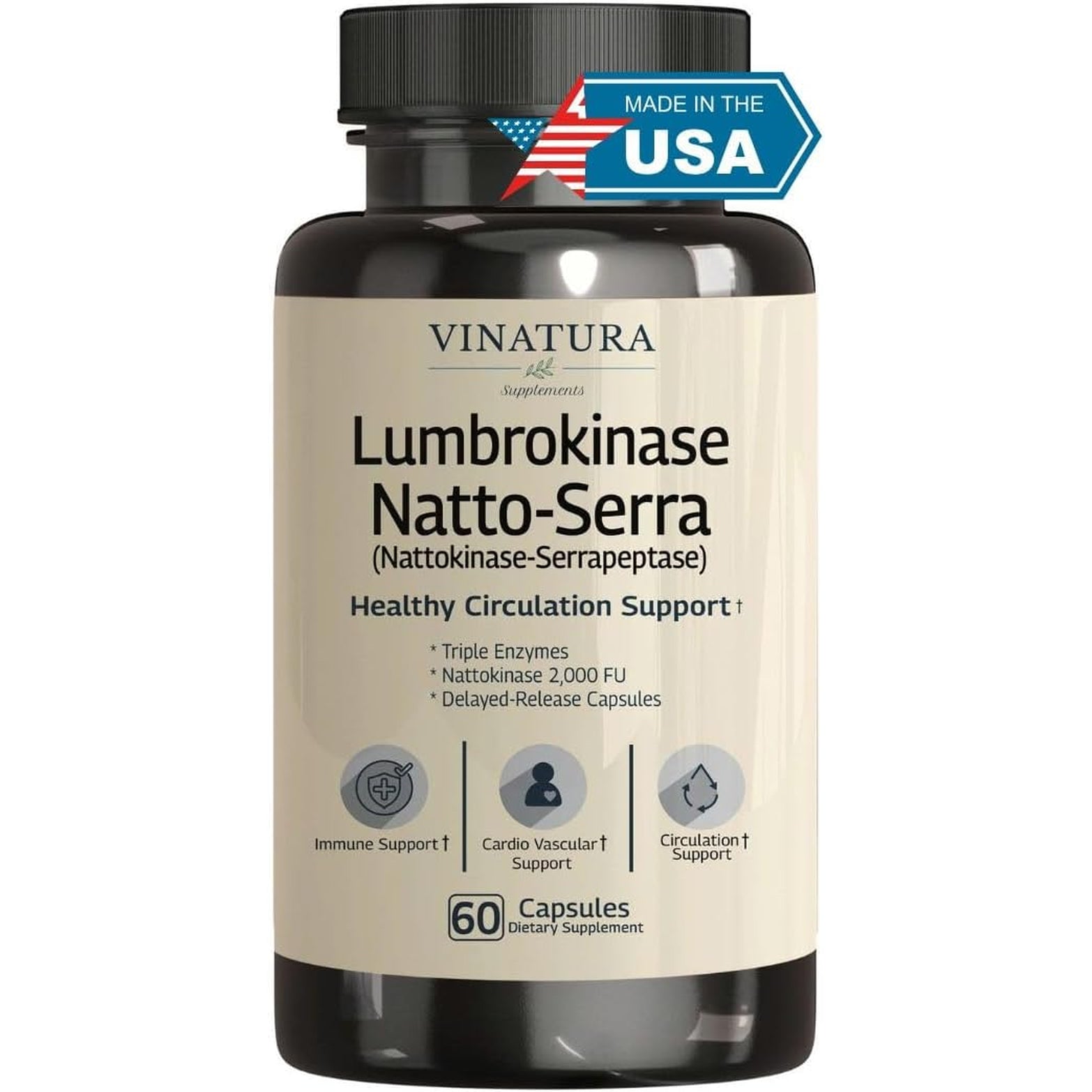 VINATURA Lumbrokinase Serrapeptase Nattokinase - Nattokinase 2000 FU, Lumbrokinase Enzymes Supplement for Blood Circulation Support - 60 Capsules