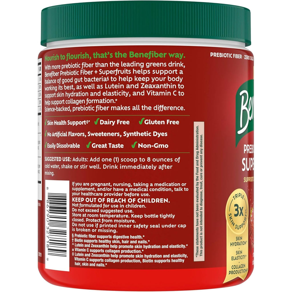 Benefiber Prebiotic GLP-1 Friendly Fiber + Superfruits Dietary Supplement, Strawberry Dragon Fruit Flavor, 8.8 Oz (250G)