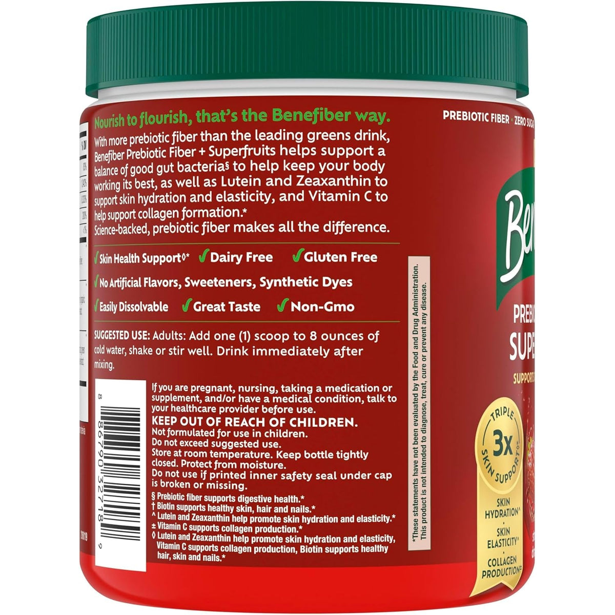 Benefiber Prebiotic GLP-1 Friendly Fiber + Superfruits Dietary Supplement, Strawberry Dragon Fruit Flavor, 8.8 Oz (250G)