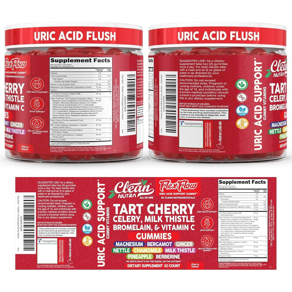 Clean Nutra Tart Cherry Gummies Uric Acid Flush Celery Milk Thistle Bromelain Vitamin C Magnesium Citrus Bergamot Ginger Stinging Nettle Leaf Chamomile Berberine Quercetin Support 60 Gummy Vitamins