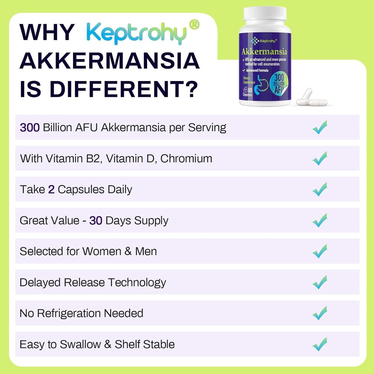 300 Billion AFU Akkermansia Muciniphila - a Live Probiotics for Women Men, Supports GLP-1 Digestive Gut, Immune & Overall Health, Enhances Gut Digestive Lining Function, 60 Count (Pack of 1)