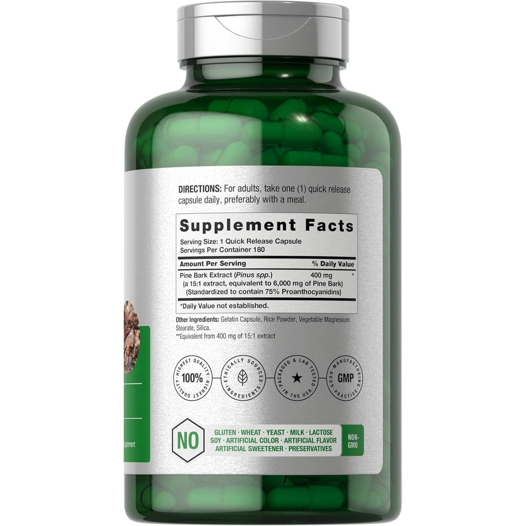 Horbäach Pine Bark Extract | 180 Capsules | Standardized to Contain 75% Proanthocyanidins | Non-Gmo, Gluten Free Supplement | High Potency