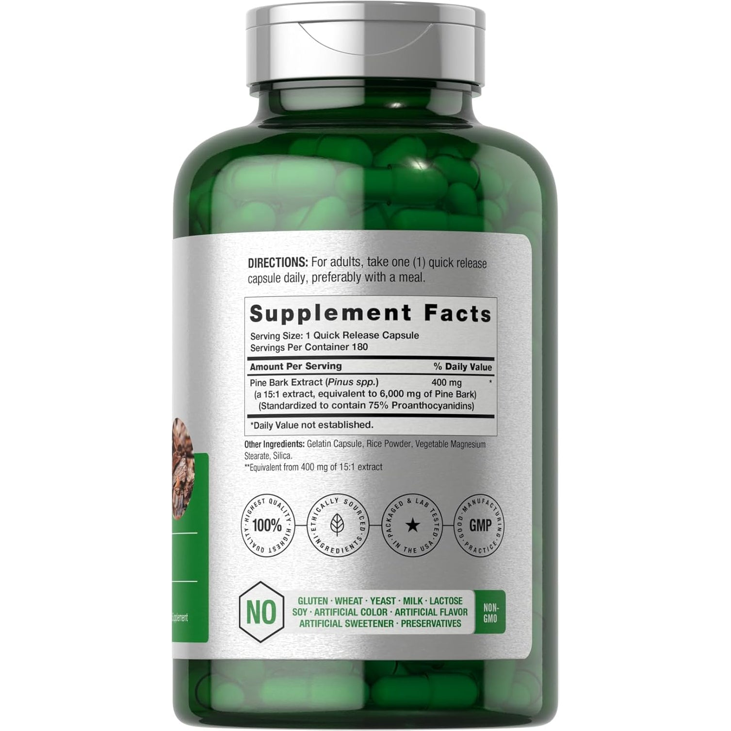Horbäach Pine Bark Extract | 180 Capsules | Standardized to Contain 75% Proanthocyanidins | Non-Gmo, Gluten Free Supplement | High Potency