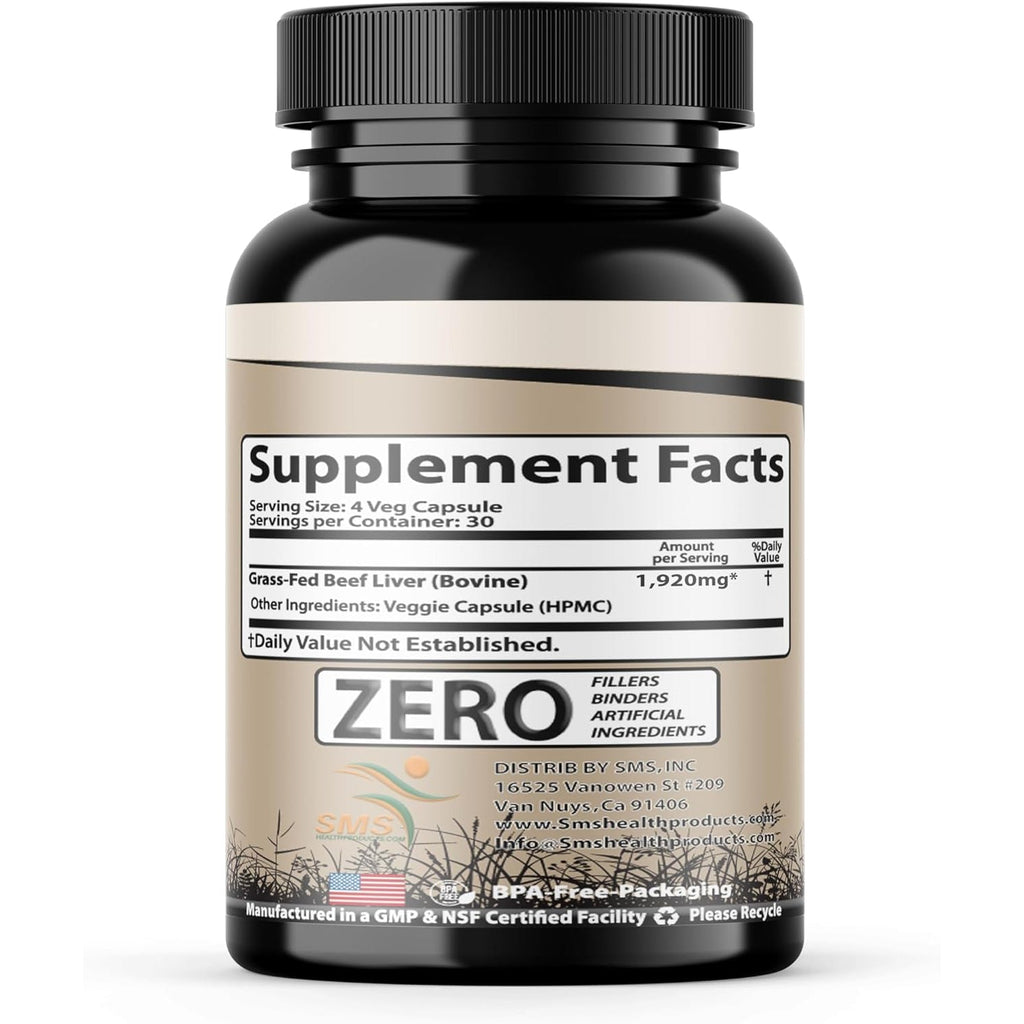Grass Fed Desiccated Beef Liver Capsules (120 Pills, 480-500Mg Each) - Natural Iron, Vitamin A, B12 for Energy - Humanely Pasture Raised Undefatted without Hormones or Chemicals