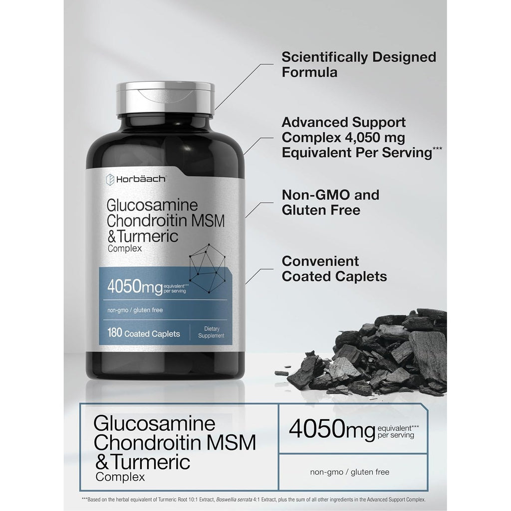 Horbäach Glucosamine Chondroitin MSM | 180 Caplets | with Turmeric | Triple Strength Formula | Non-Gmo & Gluten Free Supplement