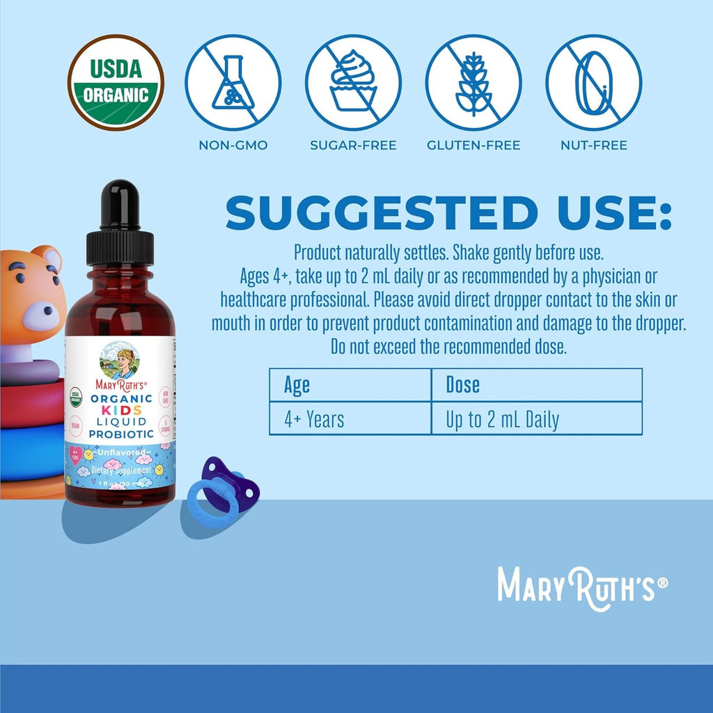 MARYRUTH'S Organics Kids Probiotic Liquid Drops | USDA Organic Probiotics for Digestive Health | Ages 4+ Gut Health & Immune Support Supplement | Overall Health | Vegan | Non-Gmo | 1 Fl Oz
