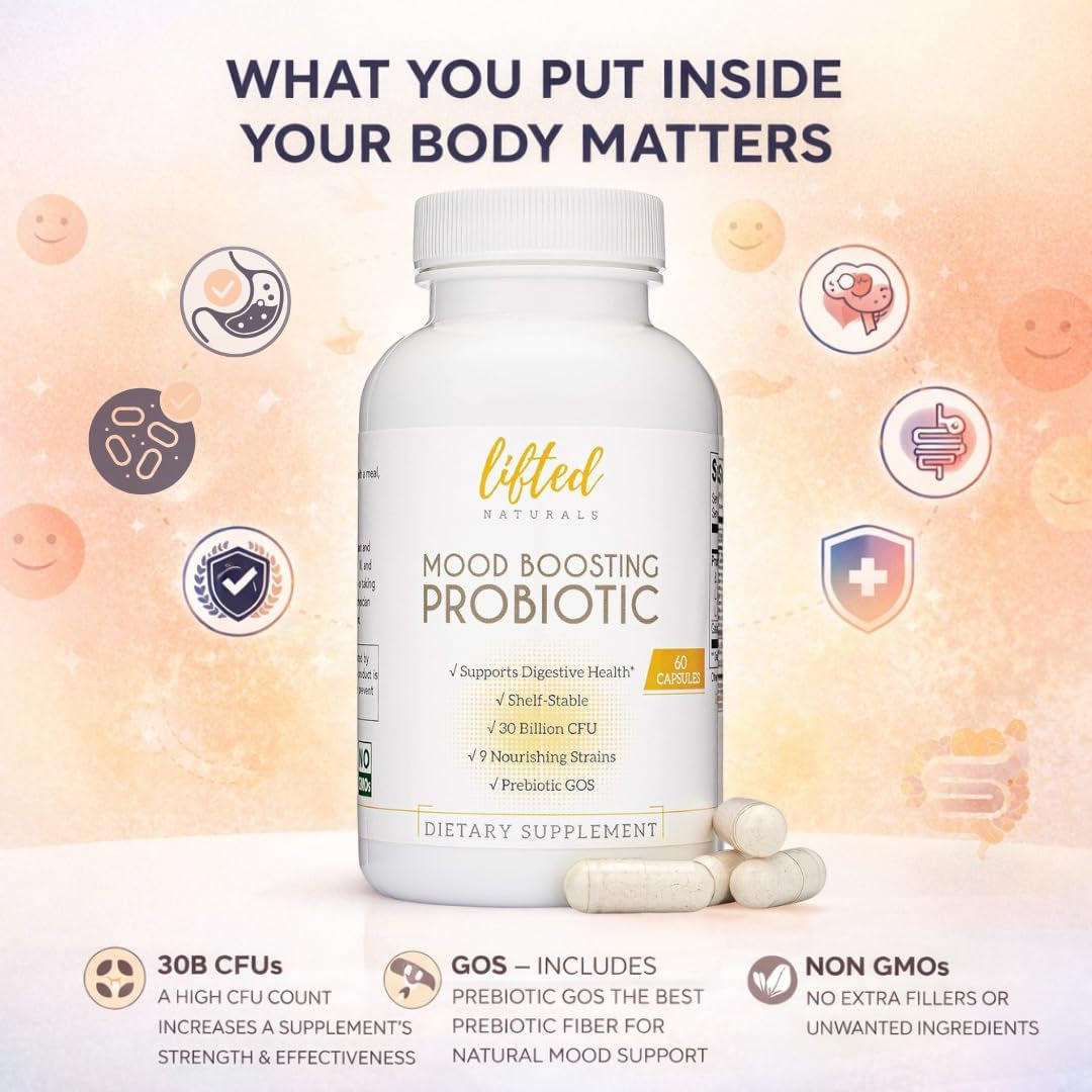Lifted Naturals Mood Boosting Probiotic 30 Billion CFU - Mood Support Supplement, Prebiotics and Probiotics for Women & Men, Acidophilus Lactobacillus Probiotic, Shelf Stable & Non-Gmo, 60 Capsules