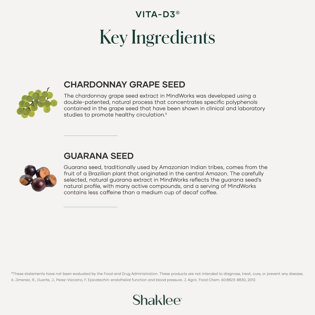 Shaklee Mindworks® - Brain Health Supplement for Brain Sharpness & Focus - Supported Nutrients & Extracts - Chardonnay Grape Seed Polyphenols, Guarana Extract, Vitamins B6, B12, Folate - 30 Tablets