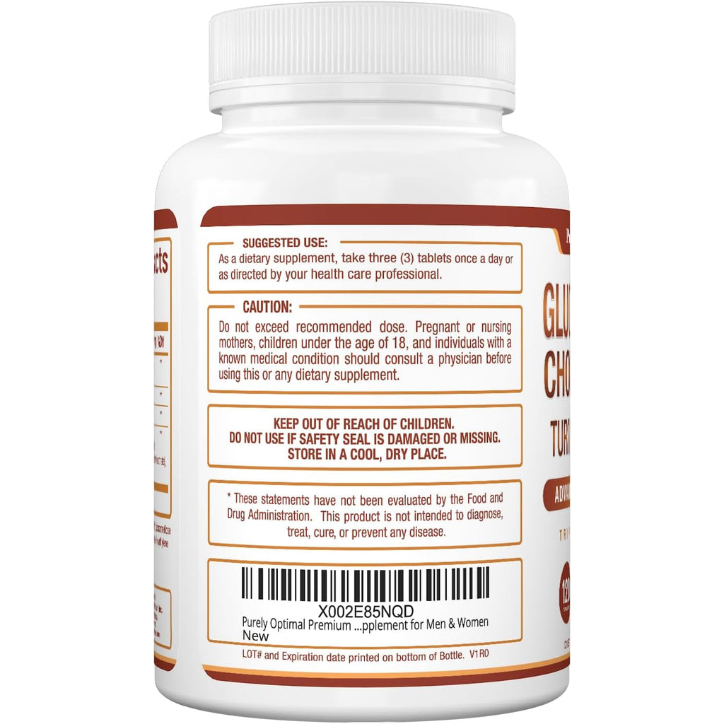 Purely Optimal Glucosamine Chondroitin MSM Supplement W/Turmeric & Boswellia - Glucosamine Sulfate Joint Supplement for Men & Women - 120 Tablets