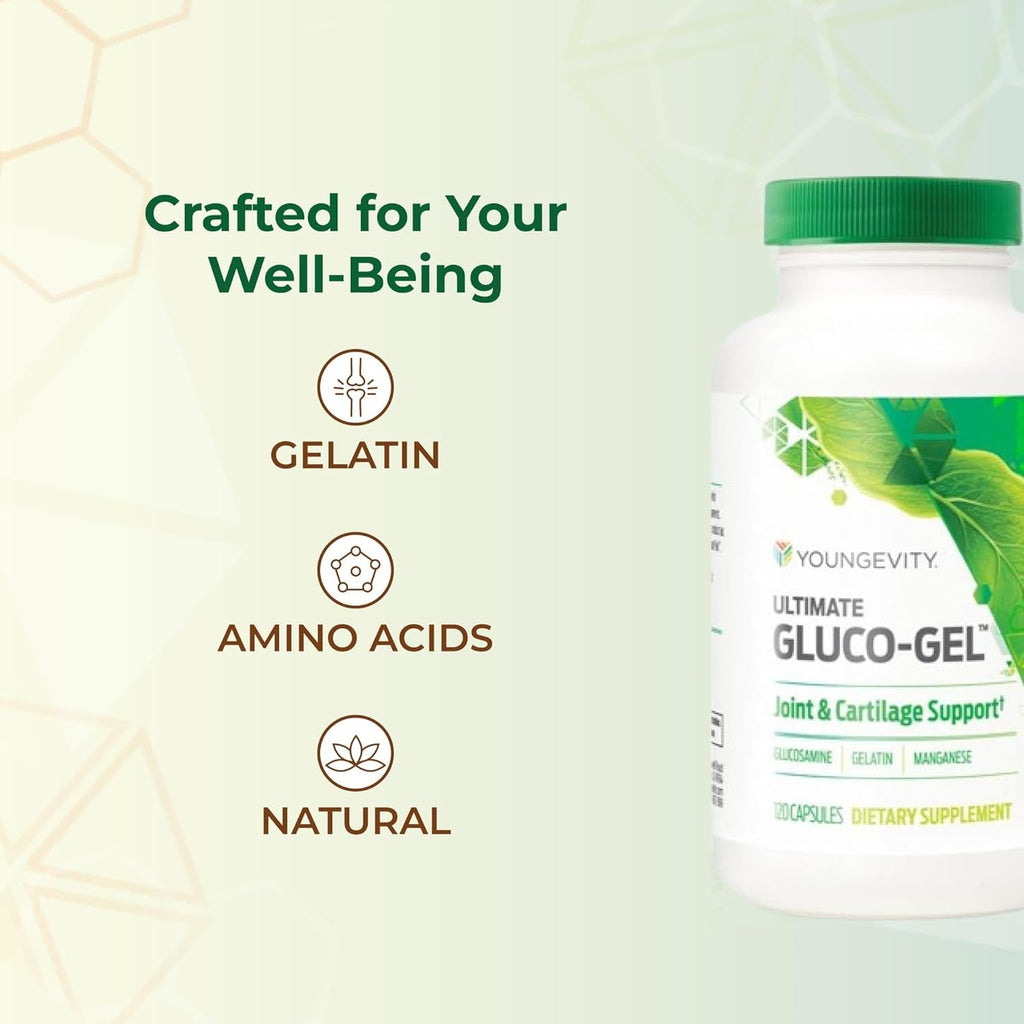 Youngevity Ultimate Gluco-Gel -For Tendons, Bones & Cartilage | Contains Glucosamine, Gelatin & Manganese | 120 Capsules | 1 Bottle