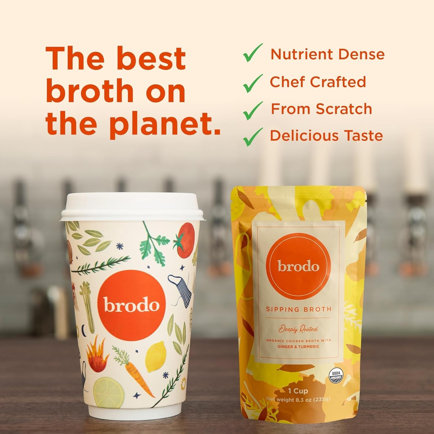 Brodo Deeply Rooted Organic Chicken Broth with Turmeric & Ginger, Nutrient-Rich Chicken Bone Broth Organic, High in Protein and Collagen for Wellness and Cooking, (6X 8.3 Oz. Pouches)