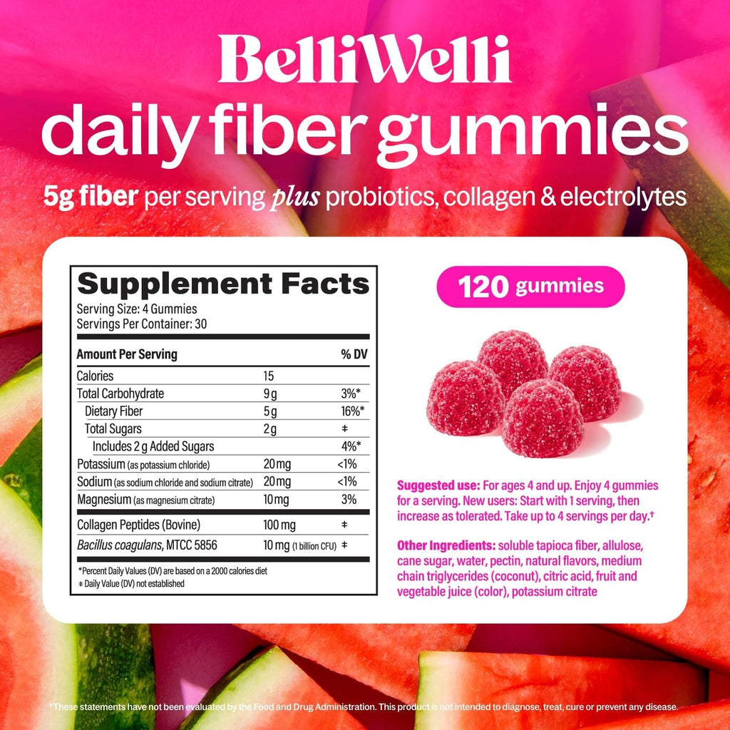 Belli Welli Fiber 4-In-1 Fiber Gummies Supplement with Added Probiotics, Collagen and Electrolytes for Regularity and Bloat Relief, Watermelon, 120 Count