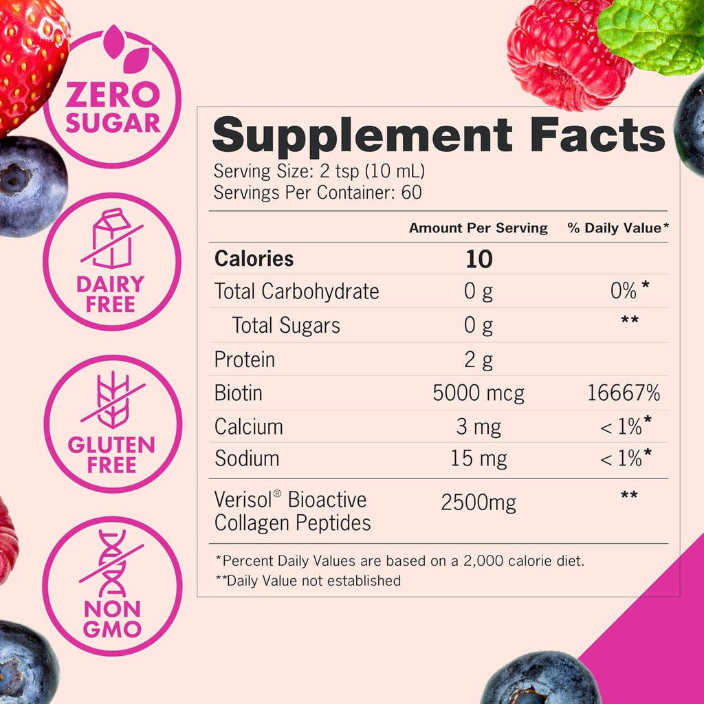Zena Nutrition Liquid Collagen for Women and Men, and Biotin, 2500Mg Verisol Bioactive Collagen Peptides, 5000Mcg Biotin, Hair, Skin, Nail Supplement, Mixed Berry, 60 Servings, 20 Fl Oz