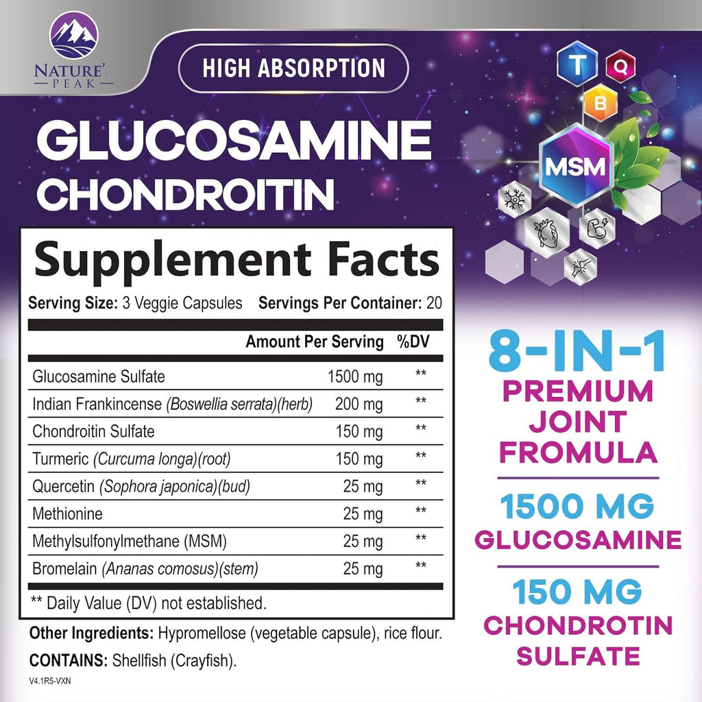 Glucosamine Chondroitin, MSM & Turmeric - Extra Strength Joint Support Supplement with 1500Mg Glucosamine Sulfate per Serving - for Cartilage, Joint Health & Flexibility - Bottled USA - 60 Capsules